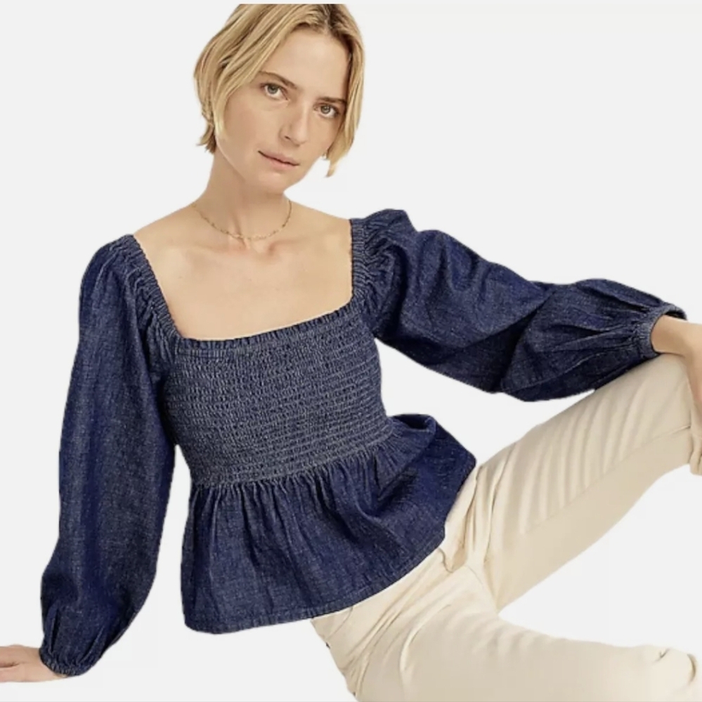 J.CREW PUFFY SLEEVE CHAMBRAY JEANS SMOCKED TOP XS BNWT $98 SO 1 LEFT